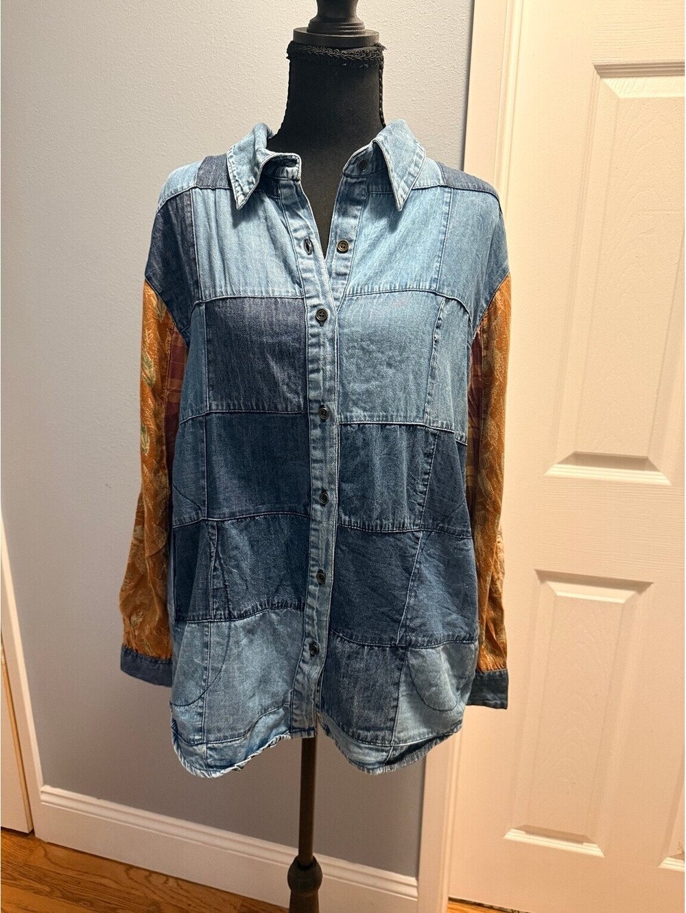 YOUNG THREADS Patchwork Denim Mixed Print Button Down Shirt Top NWT Small